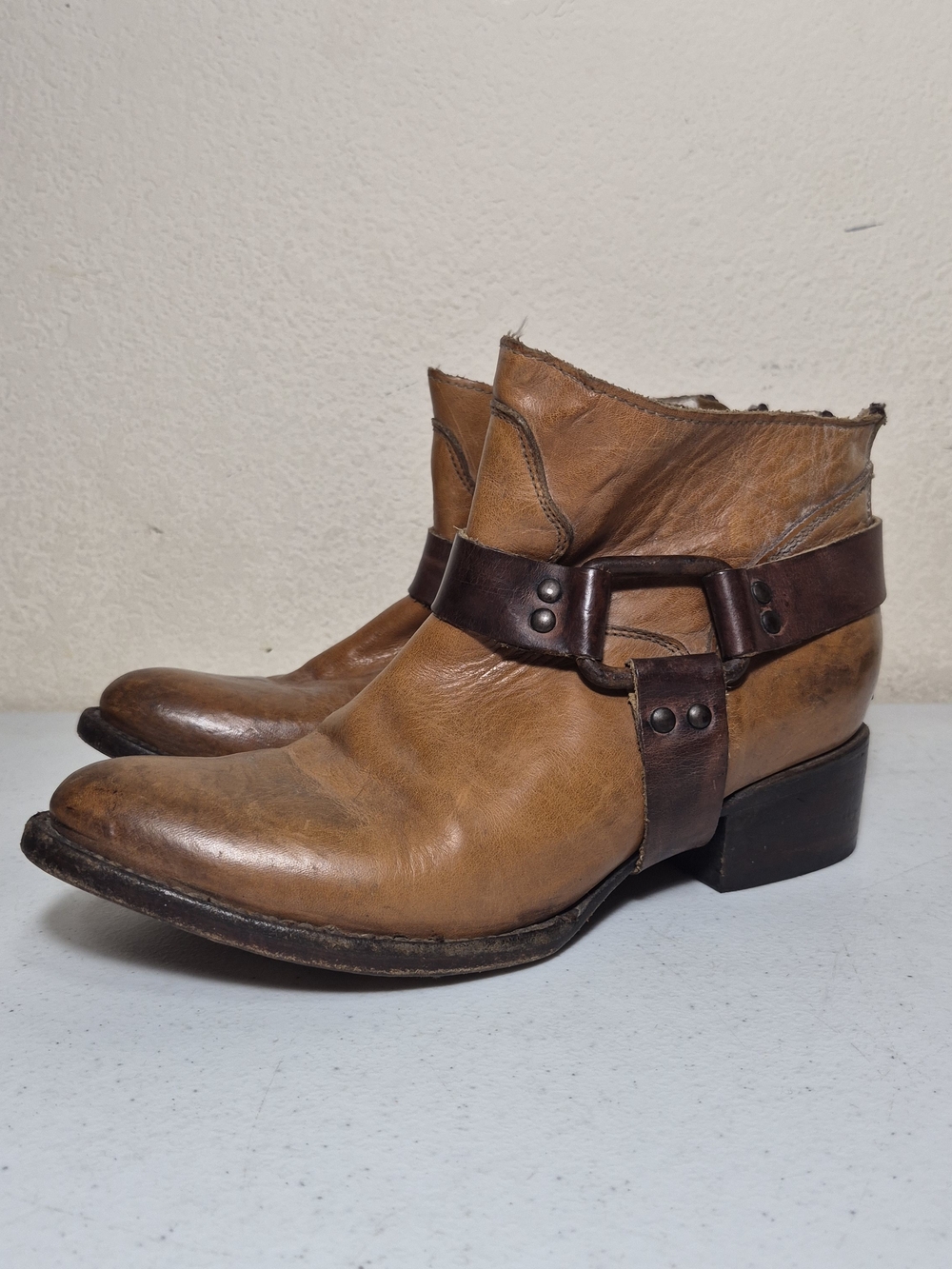 Freebird by Steven "Phlow" Distressed Leather Harness Ankle Boot Tan Women Sz 9